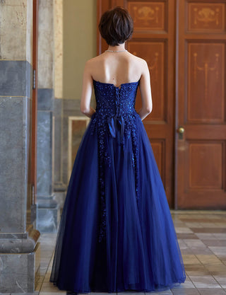 TWEED DRESS(ツイードドレス)のネイビーロングドレス・チュール｜TB1723-NYの全身背面画像です。