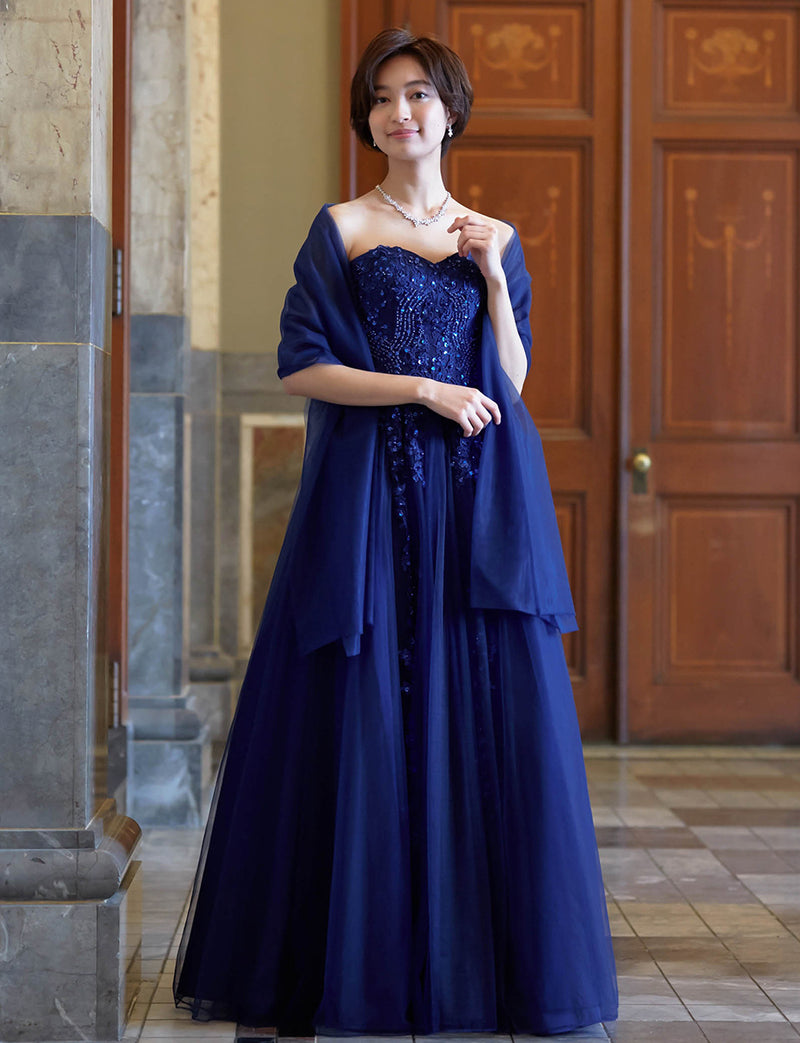 TWEED DRESS(ツイードドレス)のネイビーロングドレス・チュール｜TB1723-NYの全身正面ストール着用画像です。