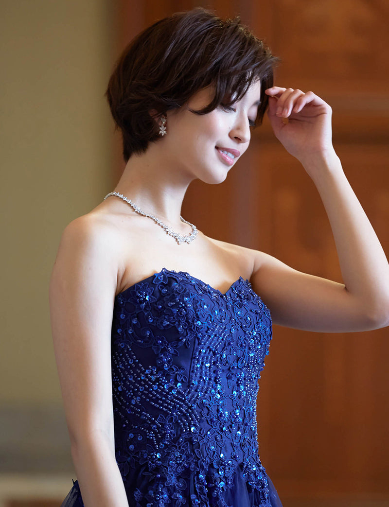 TWEED DRESS(ツイードドレス)のネイビーロングドレス・チュール｜TB1723-NYの上半身斜め画像です。