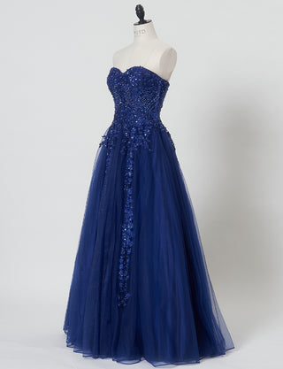 TWEED DRESS(ツイードドレス)のネイビーロングドレス・チュール｜TB1723-NYのトルソー全身斜め画像です。