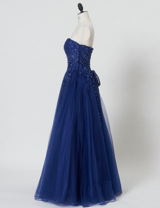 TWEED DRESS(ツイードドレス)のネイビーロングドレス・チュール｜TB1723-NYのトルソー全身側面画像です。