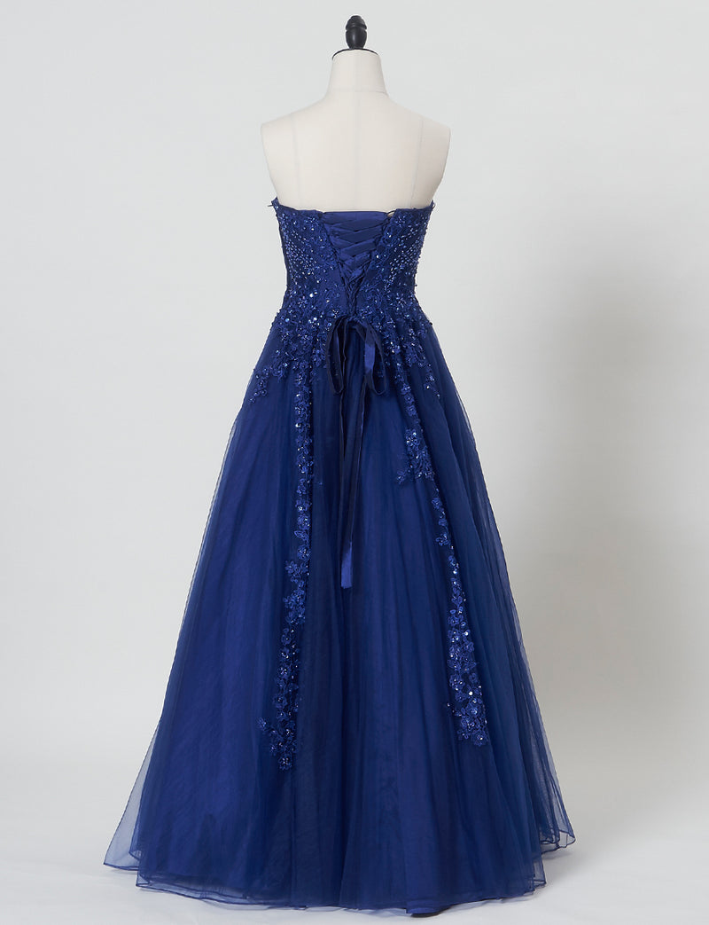 TWEED DRESS(ツイードドレス)のネイビーロングドレス・チュール｜TB1723-NYのトルソー全身背面画像です。