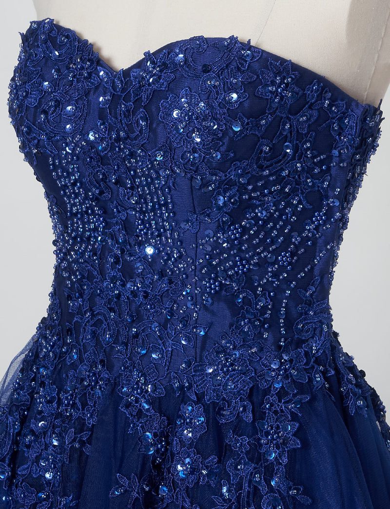 TWEED DRESS(ツイードドレス)のネイビーロングドレス・チュール｜TB1723-NYのトルソー上半身斜め画像です。