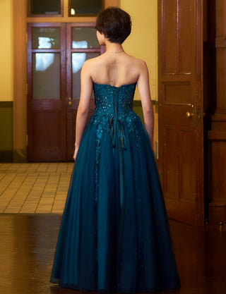 TWEED DRESS(ツイードドレス)のペトロールグリーンロングドレス・チュール｜TB1723-PTGNの全身背面画像です。