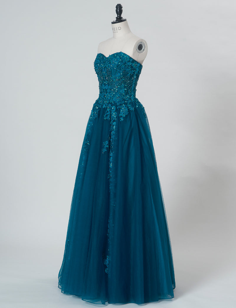 TWEED DRESS(ツイードドレス)のペトロールグリーンロングドレス・チュール｜TB1723-PTGNのトルソー全身斜め画像です。