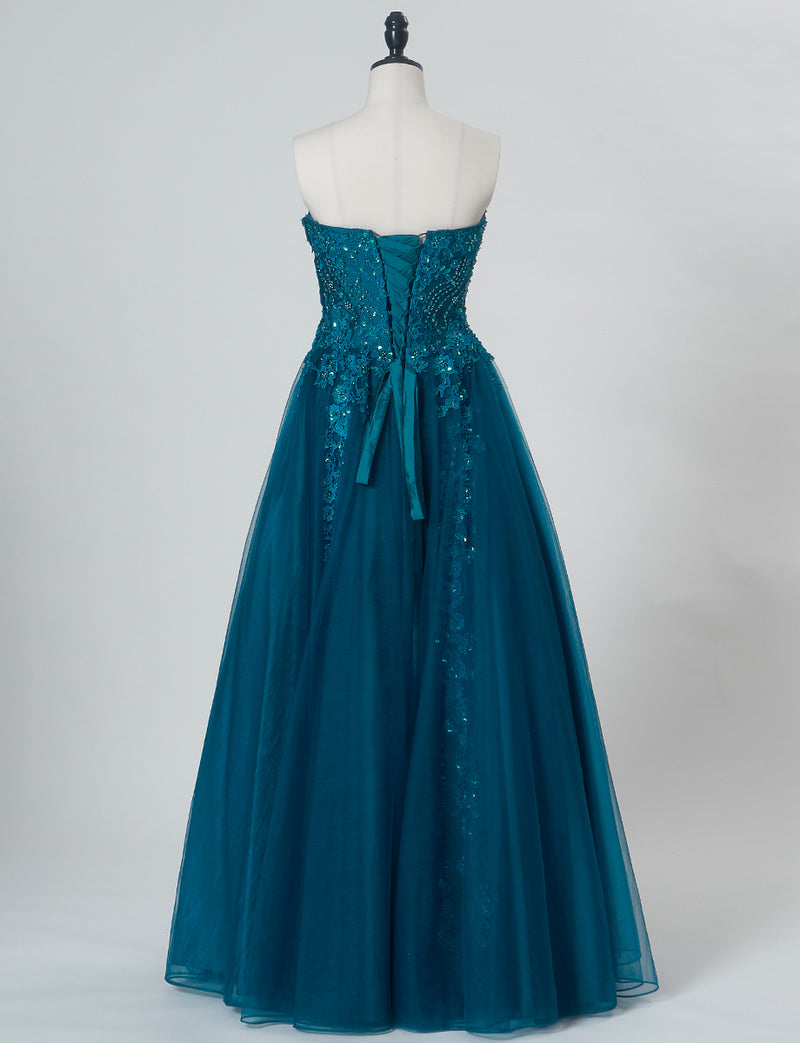 TWEED DRESS(ツイードドレス)のペトロールグリーンロングドレス・チュール｜TB1723-PTGNのトルソー全身背面画像です。