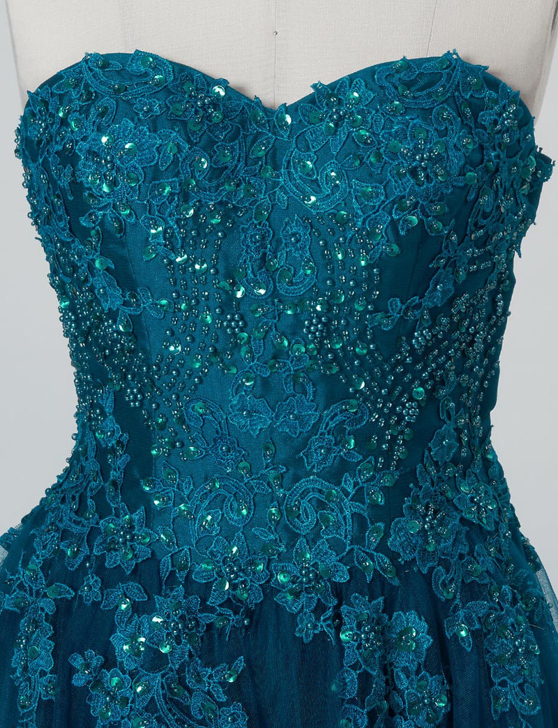 TWEED DRESS(ツイードドレス)のペトロールグリーンロングドレス・チュール｜TB1723-PTGNのトルソー上半身正面画像です。