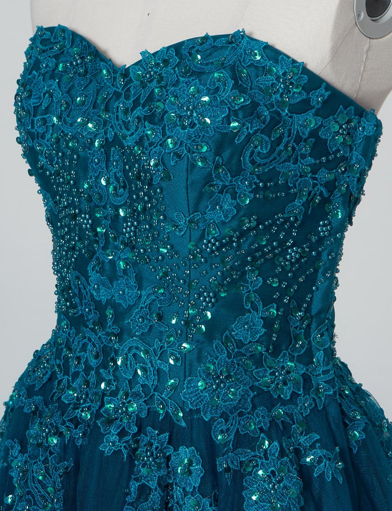 TWEED DRESS(ツイードドレス)のペトロールグリーンロングドレス・チュール｜TB1723-PTGNのトルソー上半身斜め画像です。