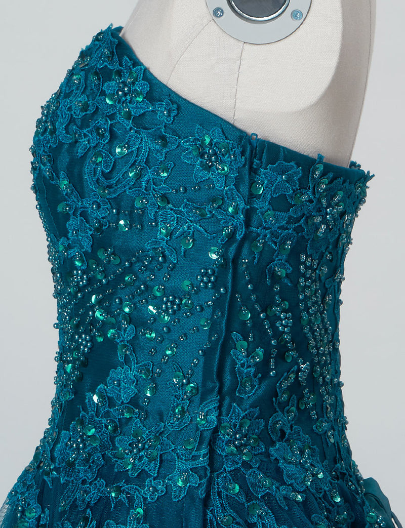 TWEED DRESS(ツイードドレス)のペトロールグリーンロングドレス・チュール｜TB1723-PTGNのトルソー上半身側面画像です。