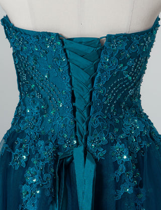TWEED DRESS(ツイードドレス)のペトロールグリーンロングドレス・チュール｜TB1723-PTGNのトルソー上半身背面画像です。