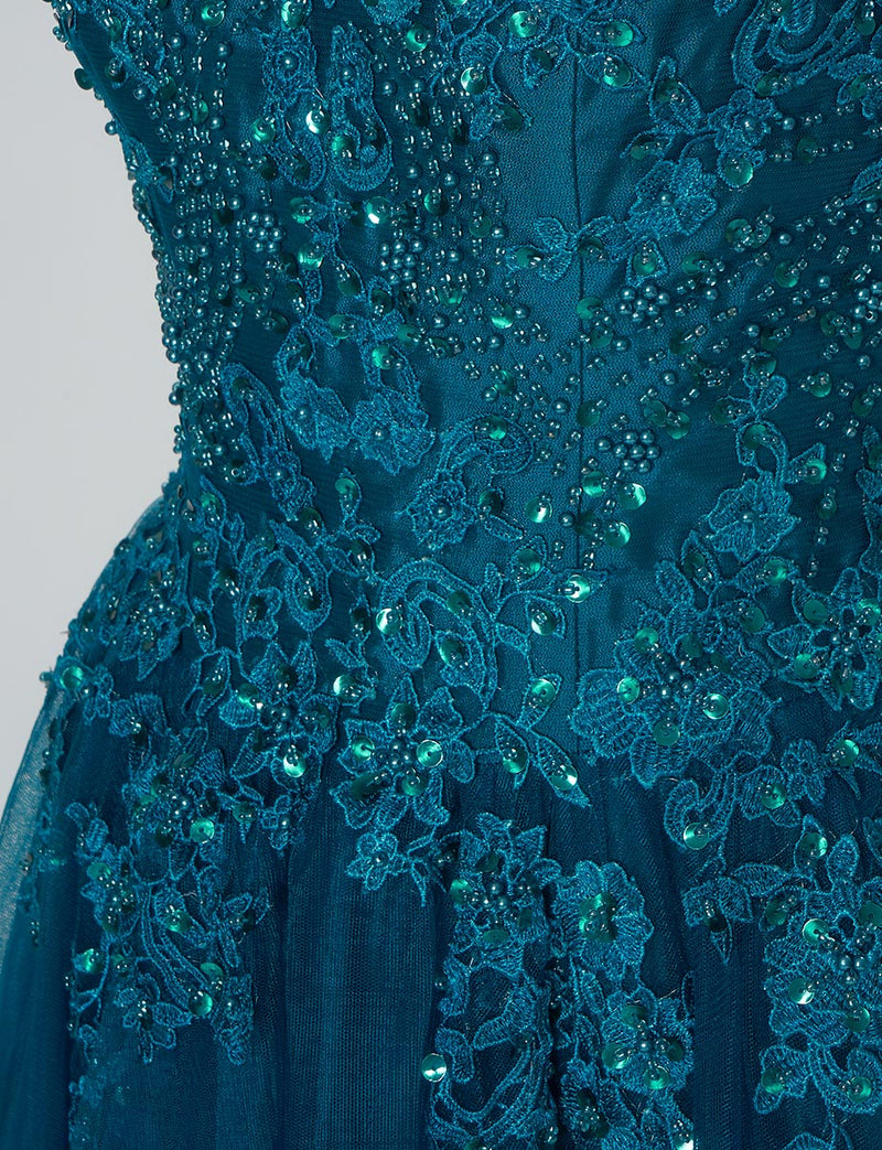 TWEED DRESS(ツイードドレス)のペトロールグリーンロングドレス・チュール｜TB1723-PTGNの上半身ビジュ装飾拡大画像です。