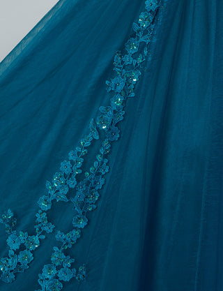TWEED DRESS(ツイードドレス)のペトロールグリーンロングドレス・チュール｜TB1723-PTGNのスカート生地拡大画像です。