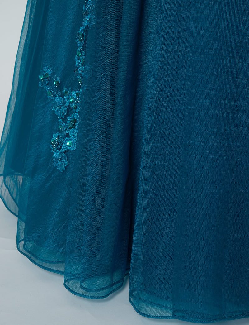 TWEED DRESS(ツイードドレス)のペトロールグリーンロングドレス・チュール｜TB1723-PTGNのスカート裾拡大画像です。