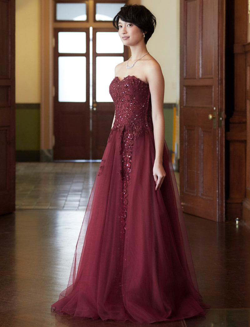 TWEED DRESS(ツイードドレス)のレッドブラックロングドレス・チュール｜TB1723-RBKの全身斜め画像です。