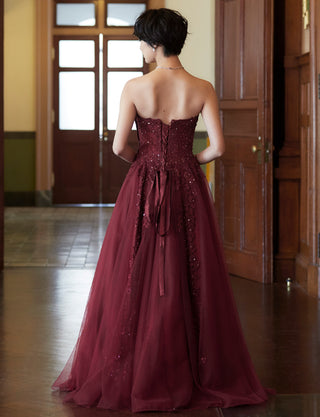 TWEED DRESS(ツイードドレス)のレッドブラックロングドレス・チュール｜TB1723-RBKの全身背面画像です。