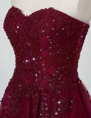 TWEED DRESS(ツイードドレス)のレッドブラックロングドレス・チュール｜TB1723-RBKのトルソー上半身斜め画像です。