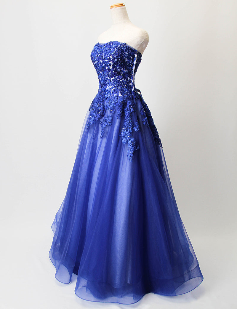 TWEED DRESS(ツイードドレス)のロイヤルブルーロングドレス・チュール｜TB1724-1-RBLのトルソー全身斜め画像です。