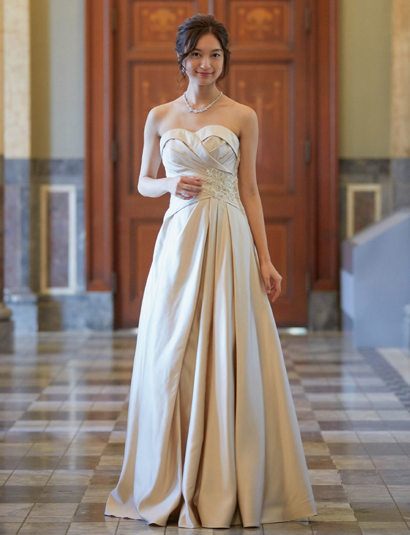 TWEED DRESS(ツイードドレス)のシャンパンゴールドロングドレス・サテン｜TB1730-CGDの全身正面画像です。