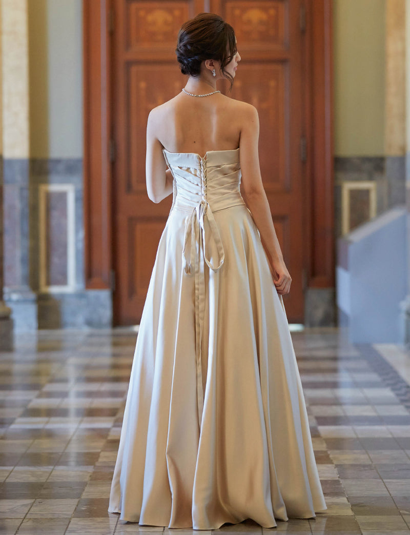 TWEED DRESS(ツイードドレス)のシャンパンゴールドロングドレス・サテン｜TB1730-CGDの全身背面画像です。