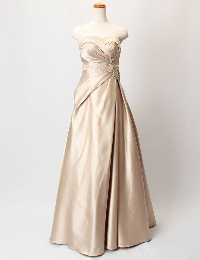 TWEED DRESS(ツイードドレス)のシャンパンゴールドロングドレス・サテン｜TB1730-CGDのトルソー全身正面画像です。