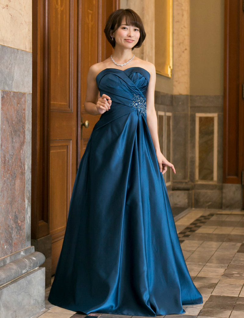 TWEED DRESS(ツイードドレス)のミッドナイトブルーロングドレス・サテン｜TB1730-CGDの全身正面画像です。