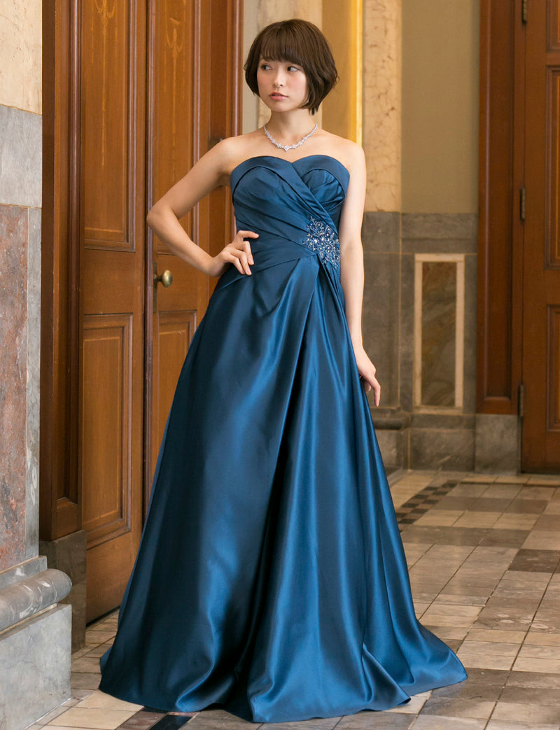TWEED DRESS(ツイードドレス)のミッドナイトブルーロングドレス・サテン｜TB1730-CGDの全身正面画像です。