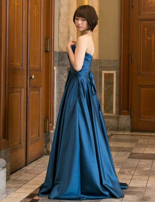 TWEED DRESS(ツイードドレス)のミッドナイトブルーロングドレス・サテン｜TB1730-CGDの全身側面画像です。