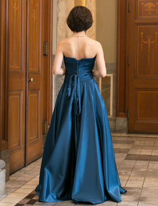 TWEED DRESS(ツイードドレス)のミッドナイトブルーロングドレス・サテン｜TB1730-CGDの全身背面画像です。