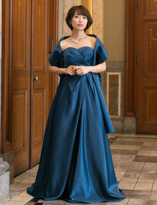 TWEED DRESS(ツイードドレス)のミッドナイトブルーロングドレス・サテン｜TB1730-CGDの全身正面ストール着用画像です。
