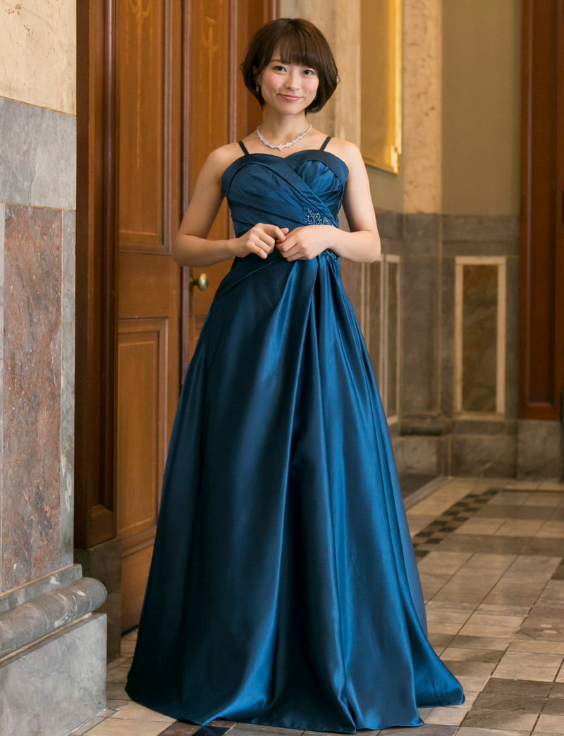TWEED DRESS(ツイードドレス)のミッドナイトブルーロングドレス・サテン｜TB1730-CGDの全身正面ストラップ着用画像です。