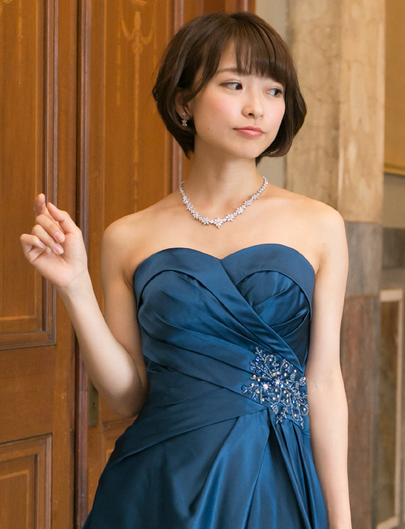 TWEED DRESS(ツイードドレス)のミッドナイトブルーロングドレス・サテン｜TB1730-CGDの上半身正面画像です。