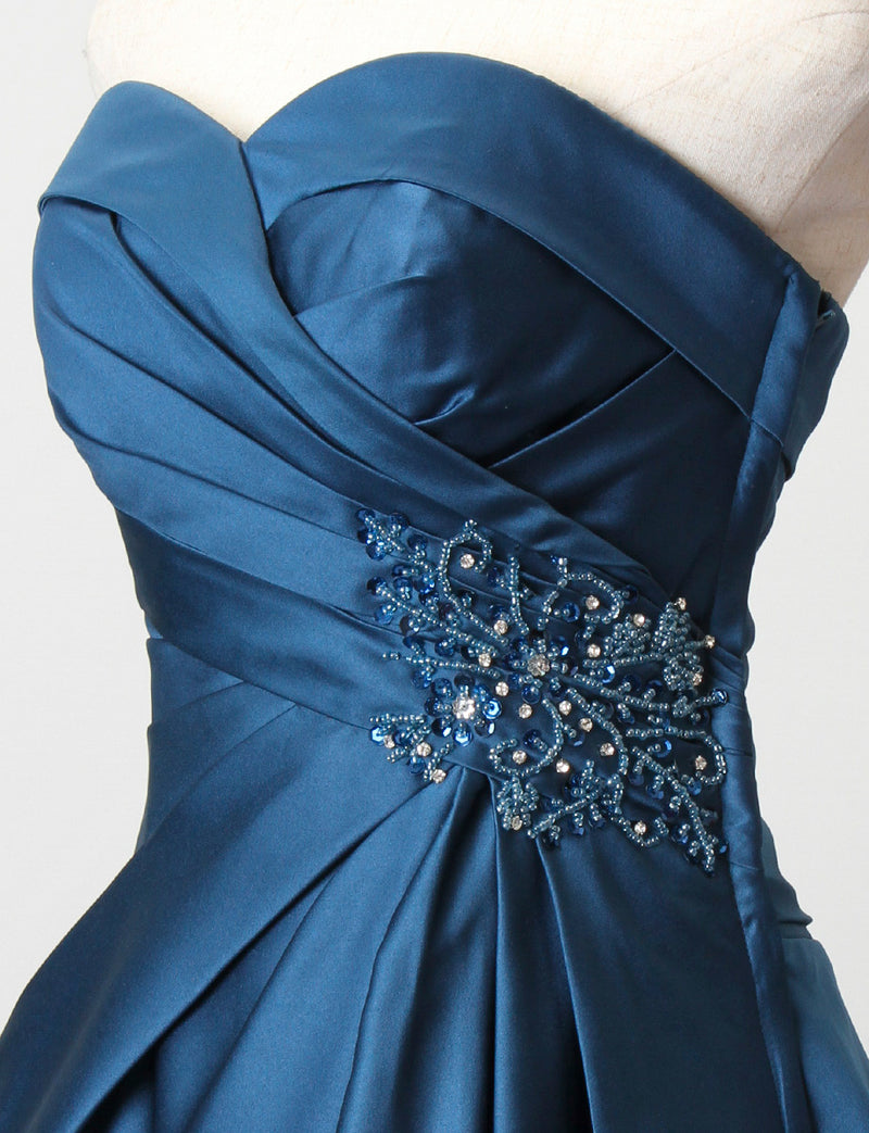 TWEED DRESS(ツイードドレス)のミッドナイトブルーロングドレス・サテン｜TB1730-CGDのトルソー上半身斜め画像です。