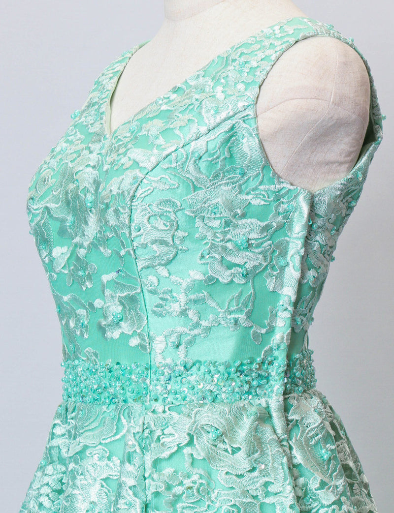 TWEED DRESS(ツイードドレス)のライトグリーンロングドレス・チュール｜TB1734-LGNのトルソー上半身斜め画像です。