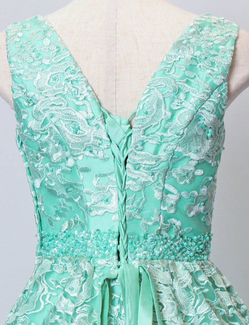 TWEED DRESS(ツイードドレス)のライトグリーンロングドレス・チュール｜TB1734-LGNのトルソー上半身背面画像です。
