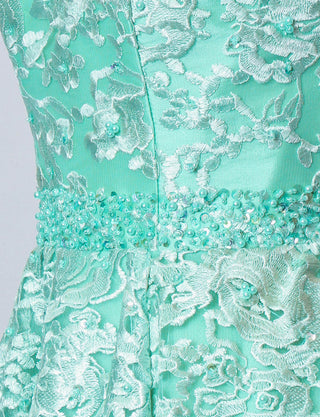 TWEED DRESS(ツイードドレス)のライトグリーンロングドレス・チュール｜TB1734-LGNの上半身ウエストビジュ装飾拡大画像です。