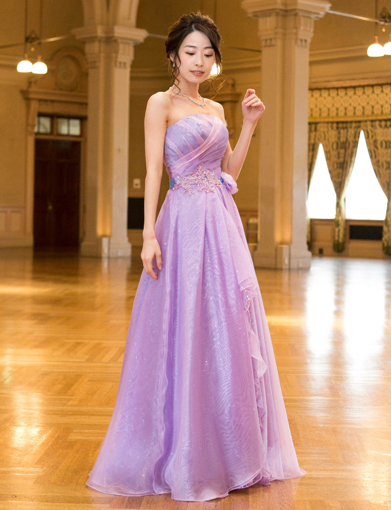 TWEED DRESS(ツイードドレス)のラベンダーロングドレス・オーガンジー/チュール｜TB1735-LVの全身斜め画像です。