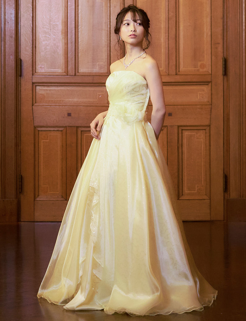 TWEED DRESS(ツイードドレス)のペールイエローロングドレス・オーガンジー/チュール｜TB1735-PYWの全身斜め画像です。