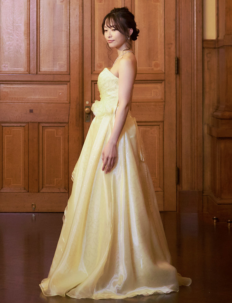 TWEED DRESS(ツイードドレス)のペールイエローロングドレス・オーガンジー/チュール｜TB1735-PYWの全身側面画像です。
