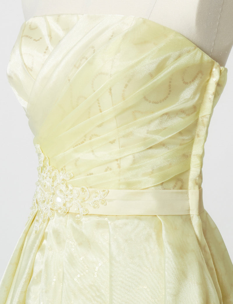 TWEED DRESS(ツイードドレス)のペールイエローロングドレス・オーガンジー/チュール｜TB1735-PYWのトルソー上半身斜め画像です。