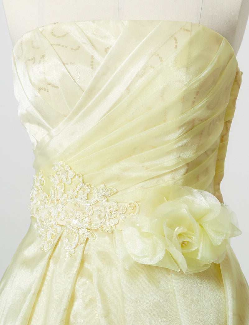 TWEED DRESS(ツイードドレス)のペールイエローロングドレス・オーガンジー/チュール｜TB1735-PYWのトルソー上半身正面付属コサージュ着用画像です。