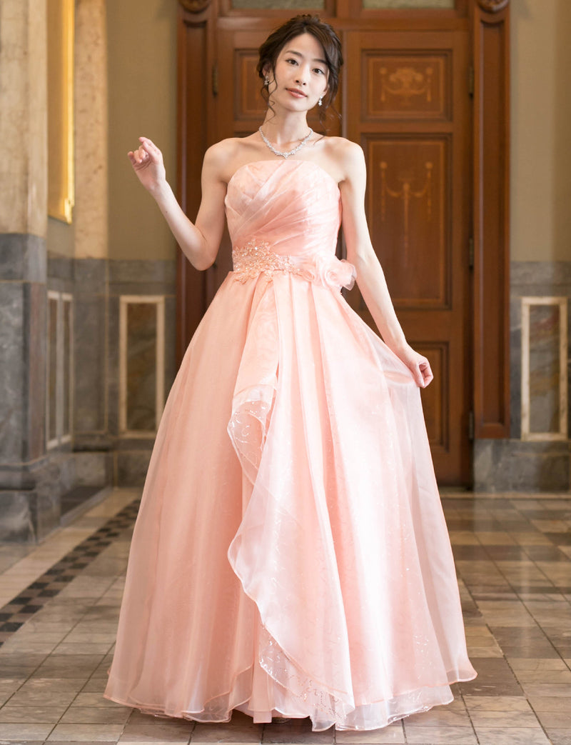 TWEED DRESS(ツイードドレス)のシェルピンクロングドレス・オーガンジー/チュール｜TB1735-SHPKの全身正面画像です。
