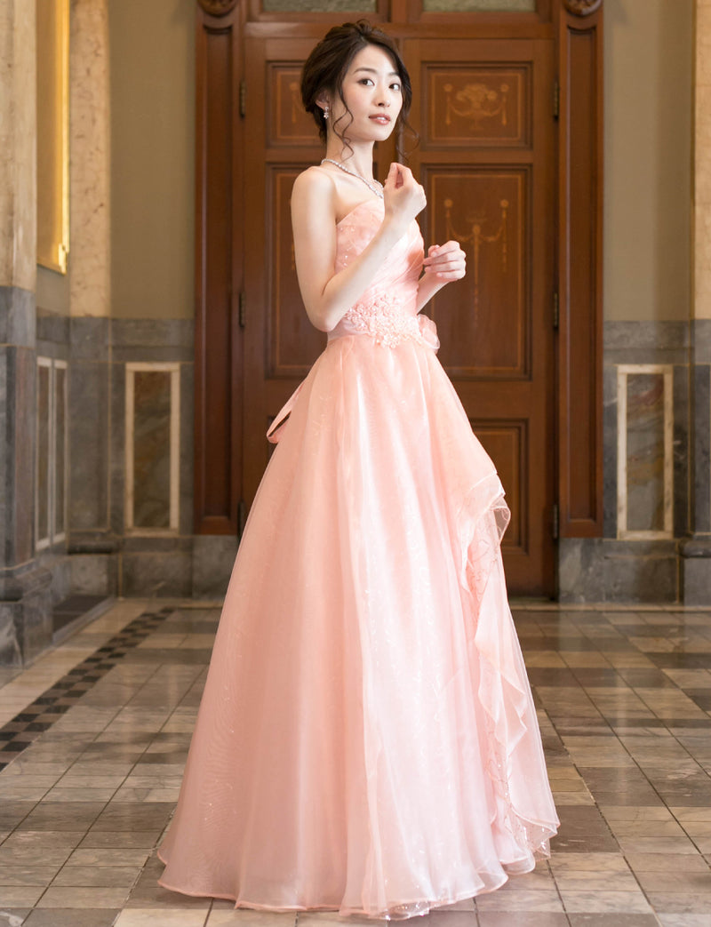 TWEED DRESS(ツイードドレス)のシェルピンクロングドレス・オーガンジー/チュール｜TB1735-SHPKの全身斜め画像です。