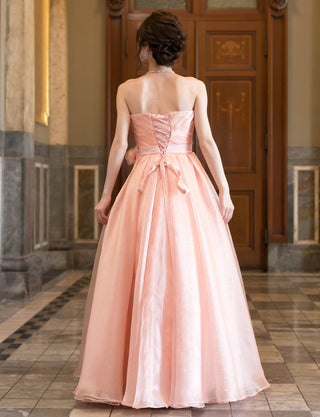 TWEED DRESS(ツイードドレス)のシェルピンクロングドレス・オーガンジー/チュール｜TB1735-SHPKの全身背面画像です。