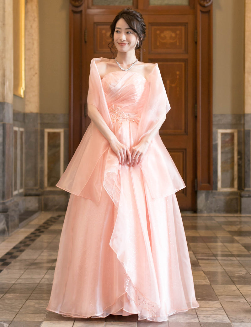 TWEED DRESS(ツイードドレス)のシェルピンクロングドレス・オーガンジー/チュール｜TB1735-SHPKの全身正面ストール着用画像です。