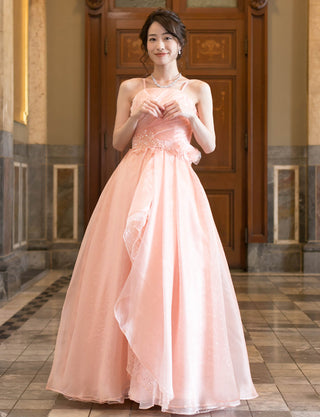 TWEED DRESS(ツイードドレス)のシェルピンクロングドレス・オーガンジー/チュール｜TB1735-SHPKの全身正面ストラップ着用画像です。
