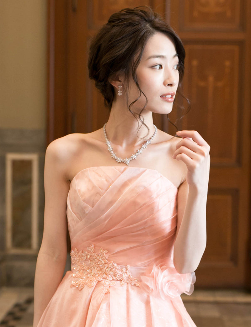 TWEED DRESS(ツイードドレス)のシェルピンクロングドレス・オーガンジー/チュール｜TB1735-SHPKの上半身正面画像です。