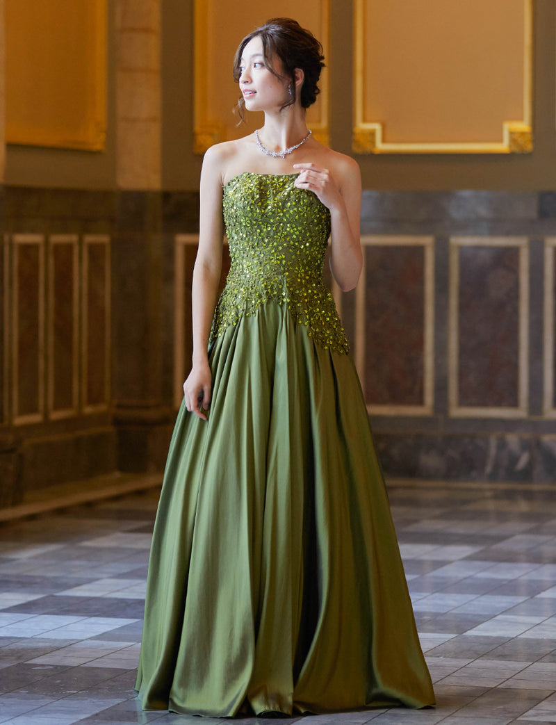 TWEED DRESS(ツイードドレス)のカーキロングドレス・タフタ｜TB1736-KIの全身正面画像です。