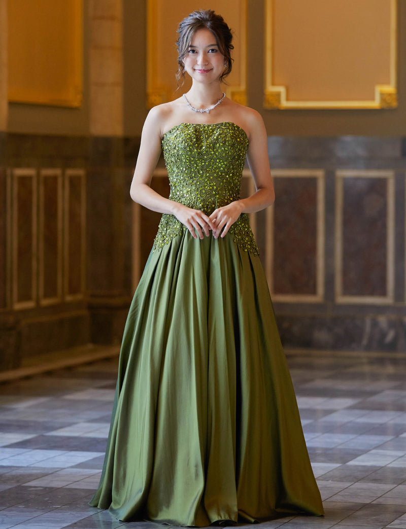 TWEED DRESS(ツイードドレス)のカーキロングドレス・タフタ｜TB1736-KIの全身正面画像です。