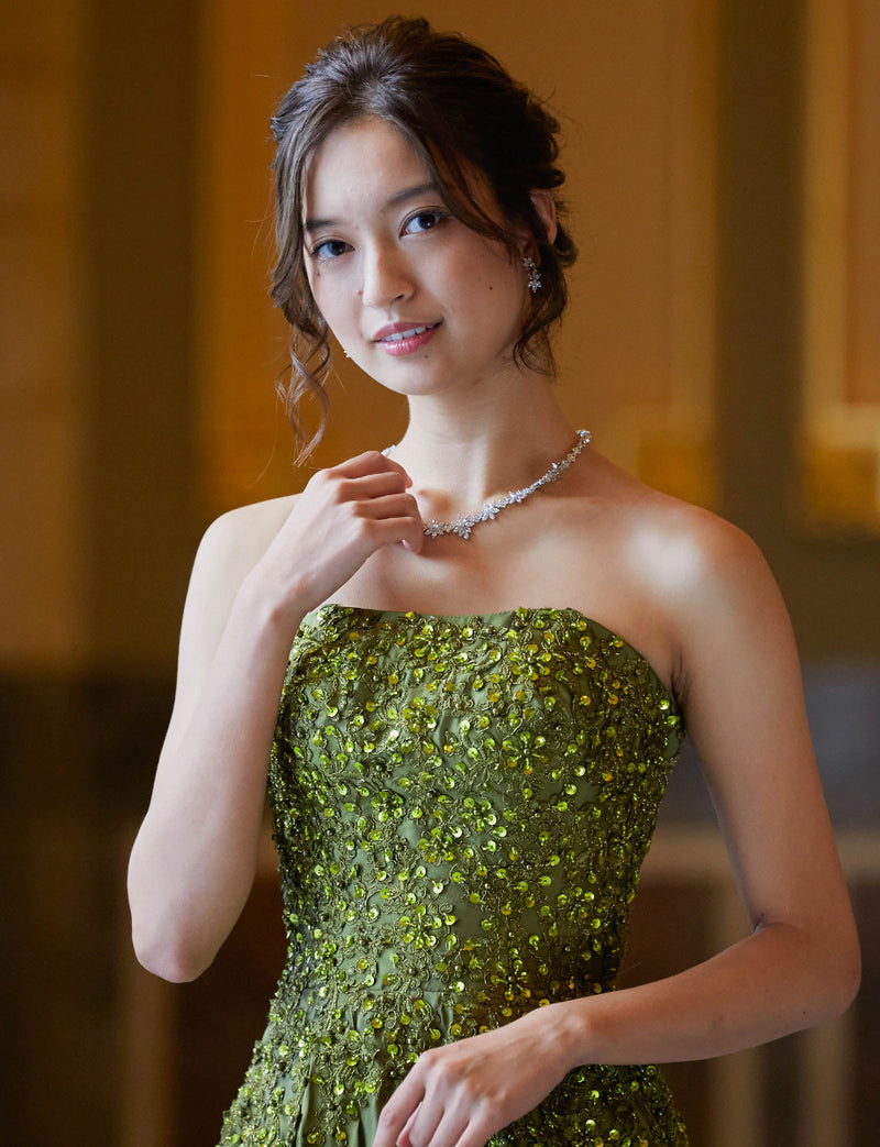 TWEED DRESS(ツイードドレス)のカーキロングドレス・タフタ｜TB1736-KIの上半身正面画像です。
