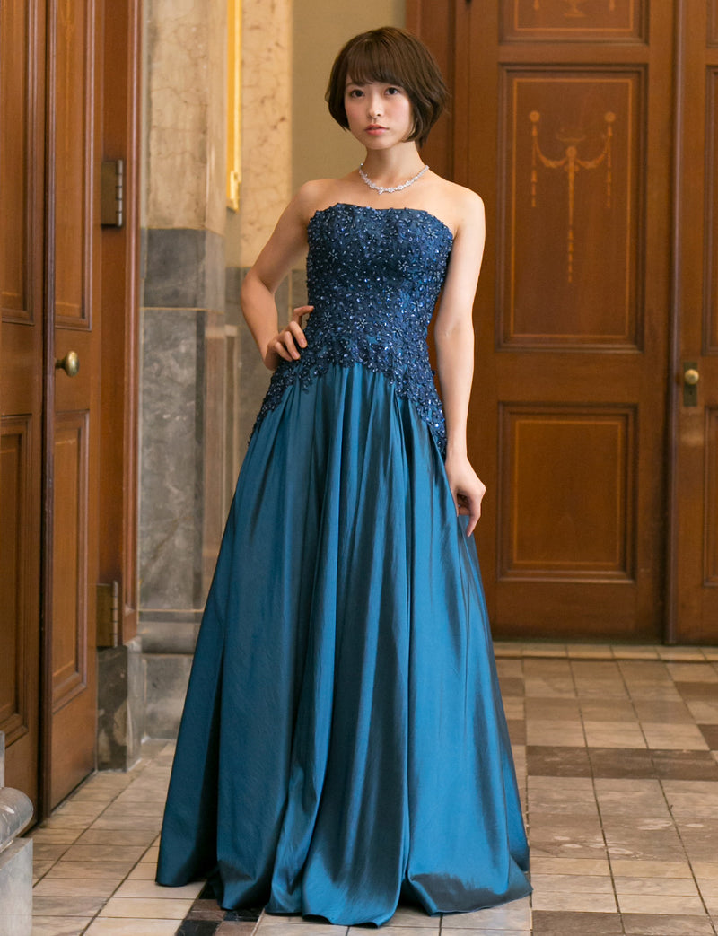 TWEED DRESS(ツイードドレス)のミッドナイトブルーロングドレス・タフタ｜TB1736-MBLの全身正面画像です。